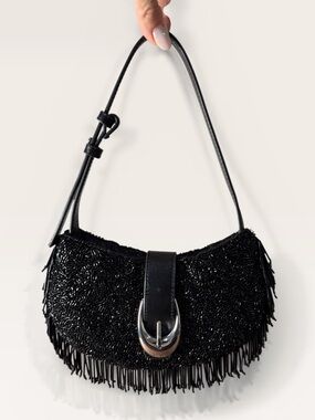 Staud Beaded Fringe Shoulder Bag Black Leather Trim